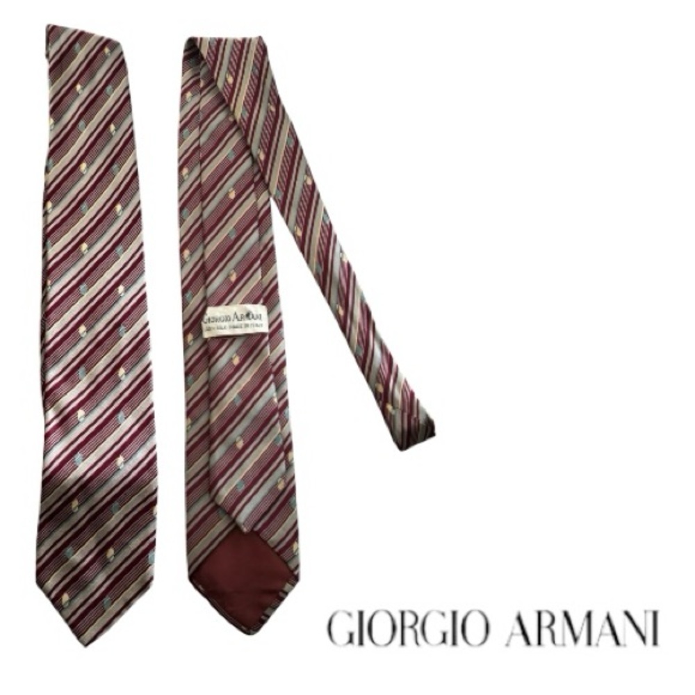 Vtg Giorgio Armani Men's Silk Tie - Burgundy and White Stripes